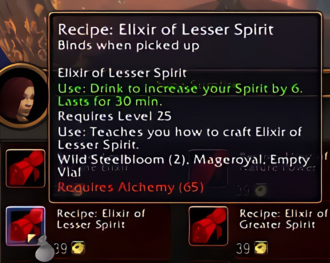 配方：次级精神合剂（Elixir of Lesser Spirit）在World of Warcraft: Forever中