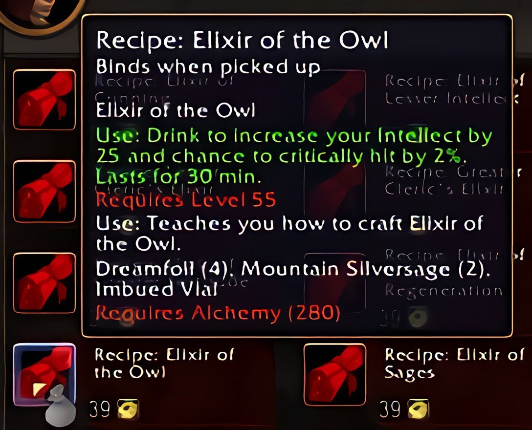配方：枭合剂（Elixir of the Owl）在World of Warcraft: Forever中
