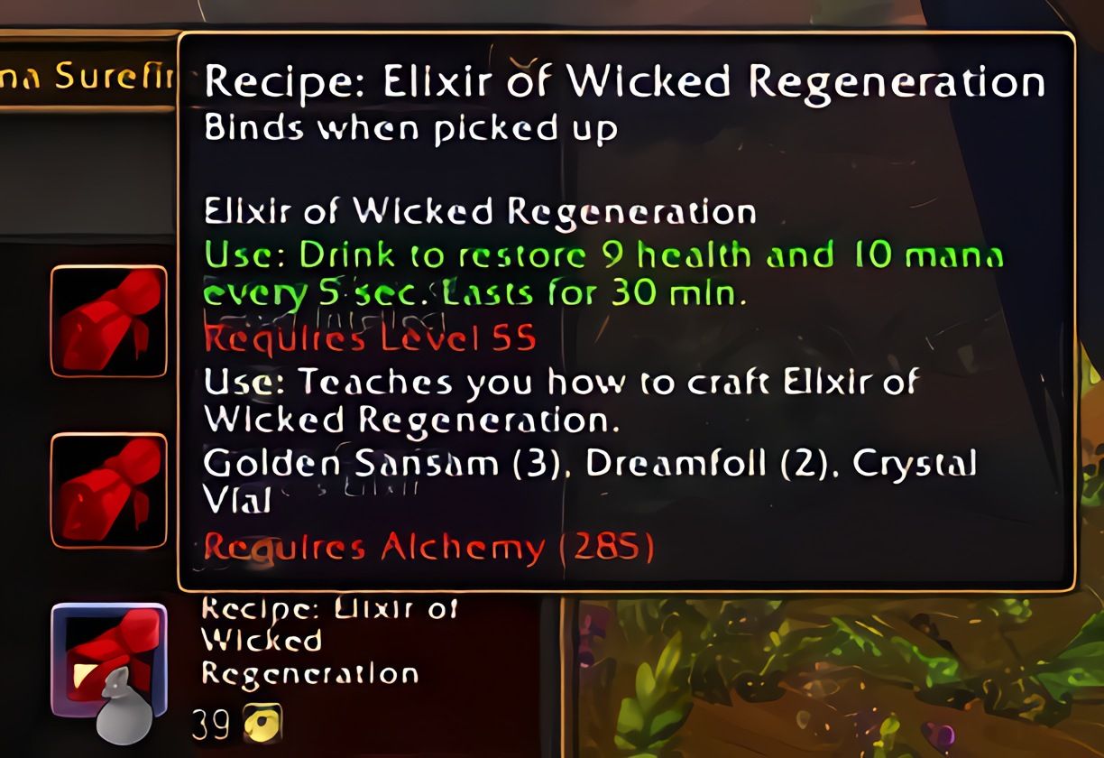 配方：邪恶回复合剂（Elixir of Wicked Regeneration）在World of Warcraft: Forever中