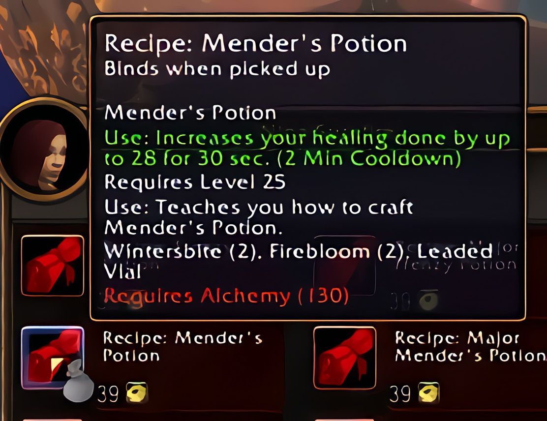 配方：医者药水（Mender's Potion）在World of Warcraft: Forever中