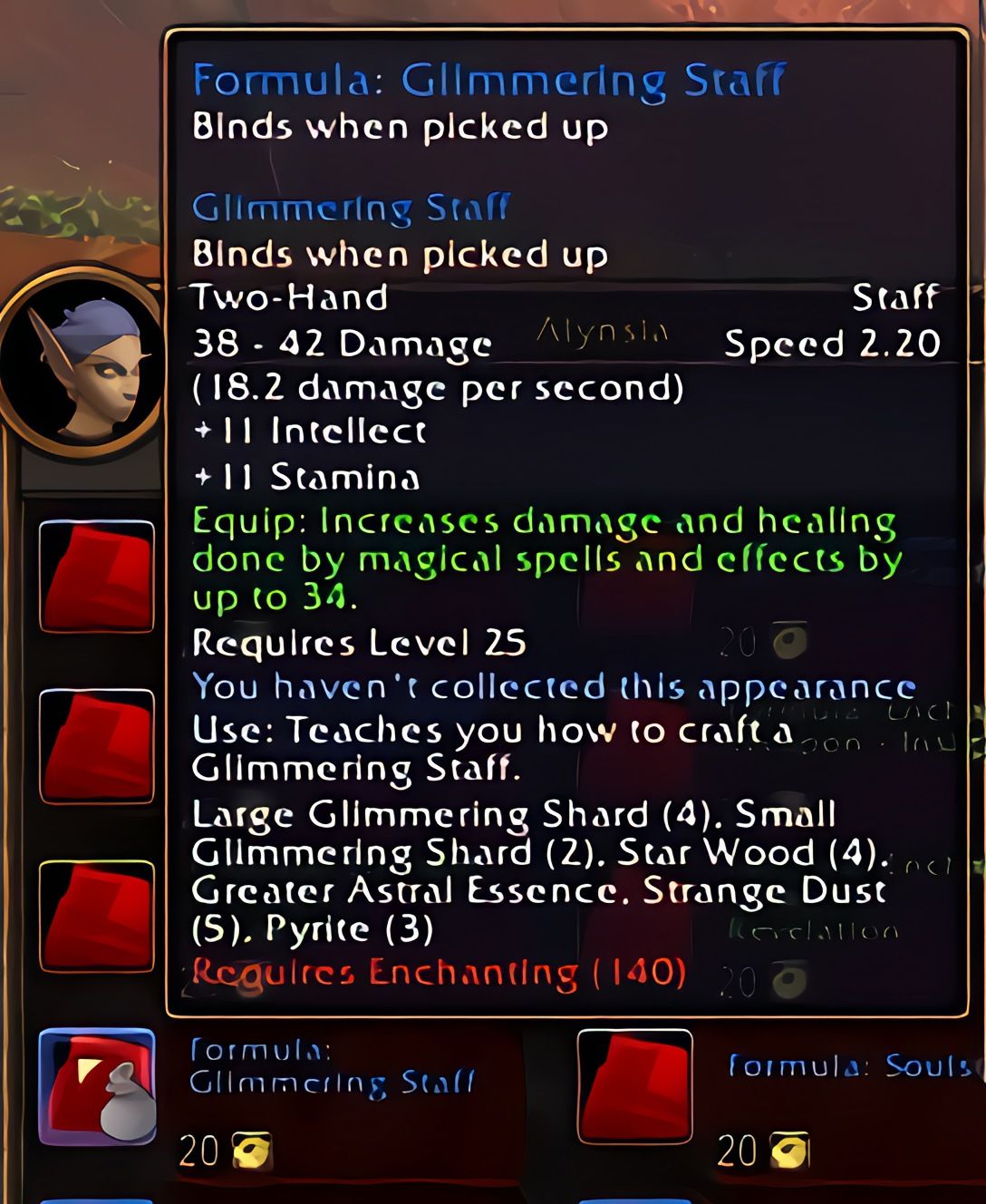 配方:微光法杖 (Glimmering Staff) 在 World of Warcraft: Forever