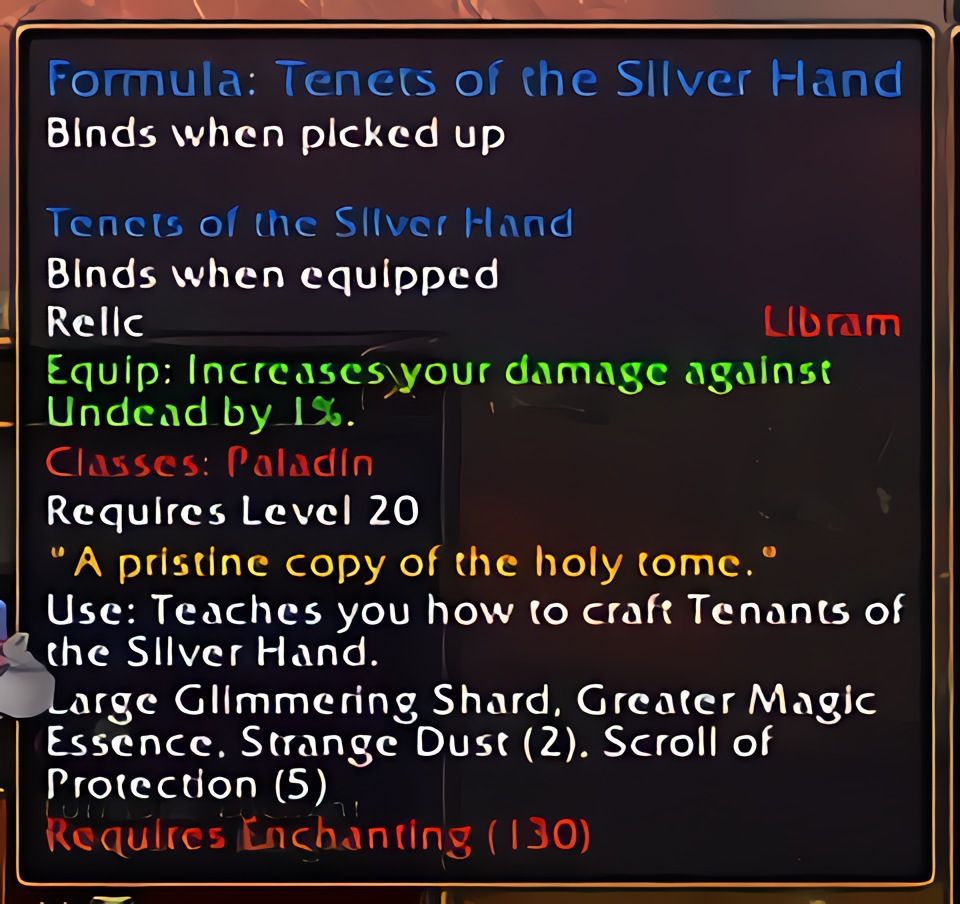 配方:白银之手信条 (Tenets of the Silver Hand) 在 World of Warcraft: Forever