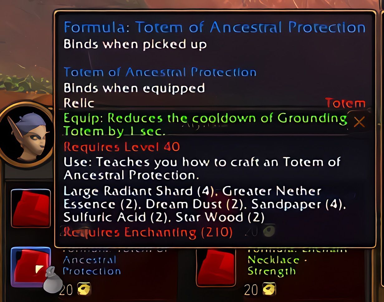 配方:先祖庇护图腾 (Totem of Ancestral Protection) 在 World of Warcraft: Forever