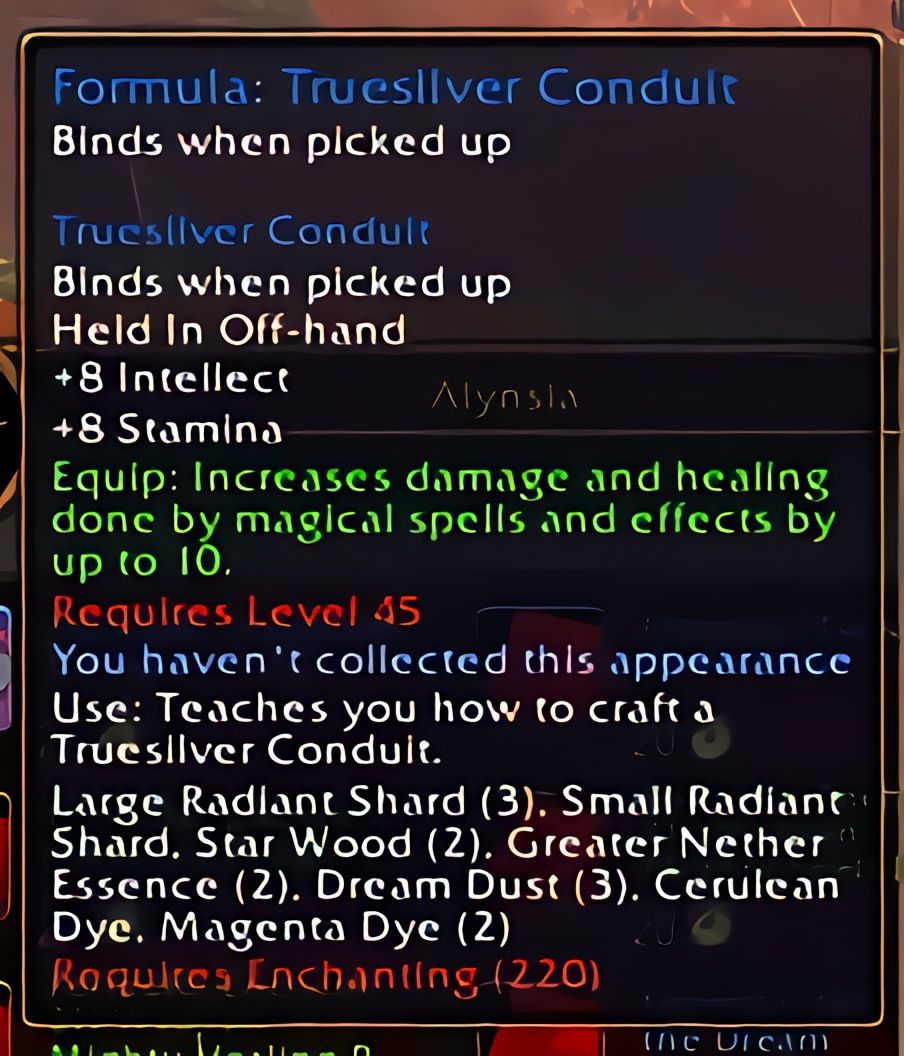 配方:真银导体 (Truesilver Conduit) 在 World of Warcraft: Forever